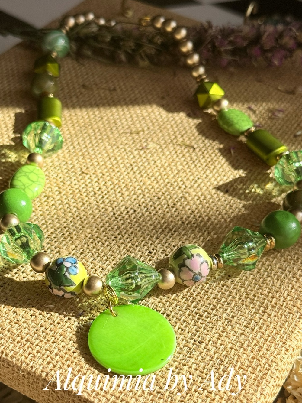 Lime and Floral Beaded Pendant Necklace